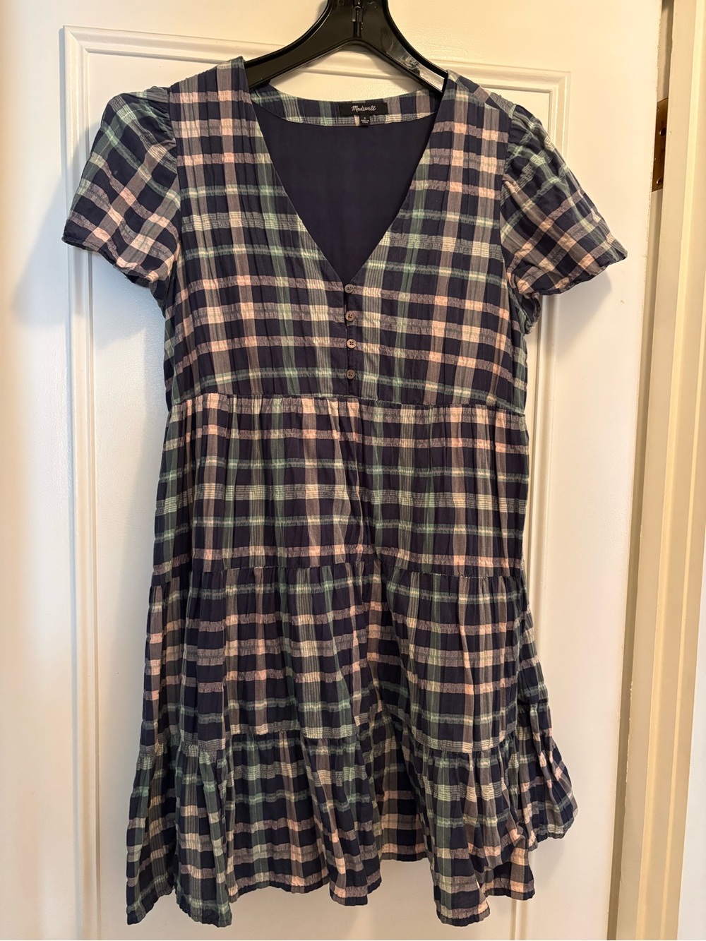 Madewell Navy Plaid Tiered Cotton Dress
